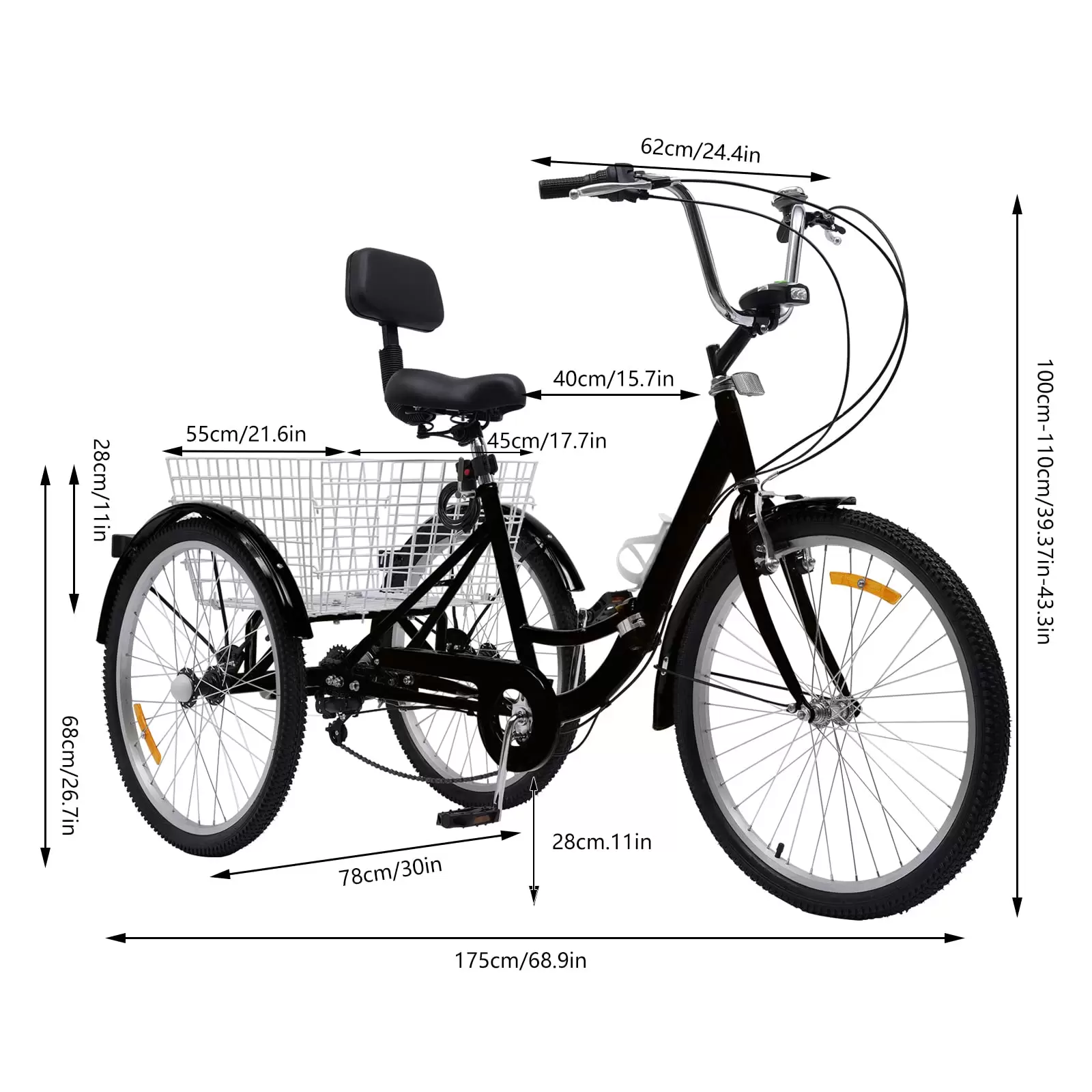 Adult tricycle 24 inches with basket and lamp 3-wheel 7-speed folding tricycle Black Adult tricycle 24 inches with basket and lamp 3-wheel 7-speed folding tricycle Black