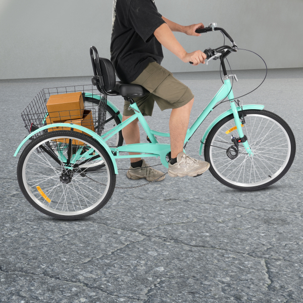 7 Speed ​​Adult Tricycle, 24 Inch Adult Tricycle, Adjustable Adult Tricycle with Basket - Green