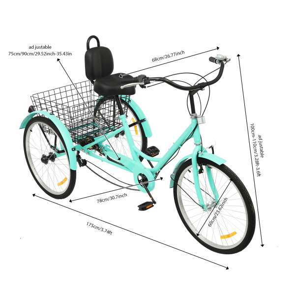 7 Speed ​​Adult Tricycle, 24 Inch Adult Tricycle, Adjustable Adult Tricycle with Basket - Green