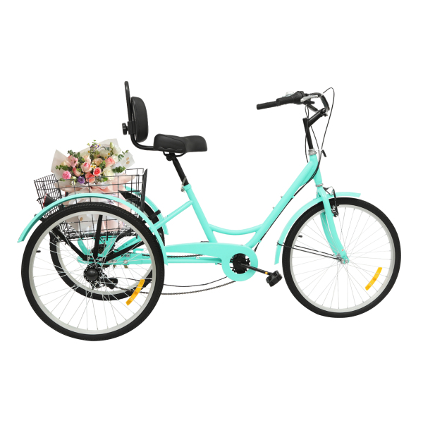 7 Speed ​​Adult Tricycle, 24 Inch Adult Tricycle, Adjustable Adult Tricycle with Basket - Green