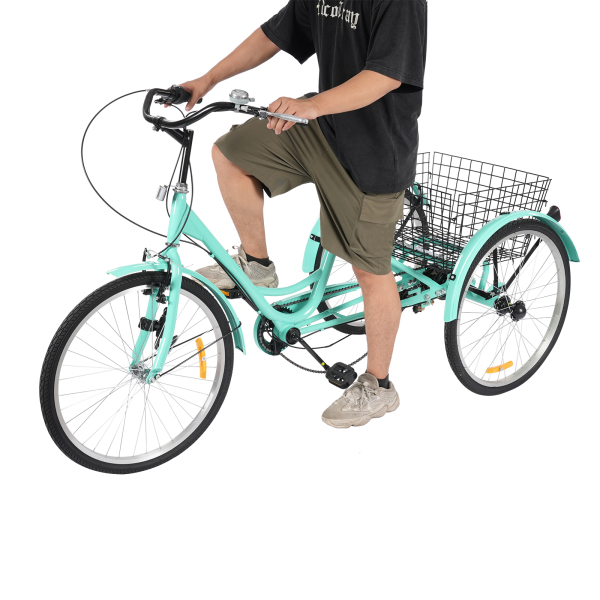 7 Speed ​​Adult Tricycle, 24 Inch Adult Tricycle, Adjustable Adult Tricycle with Basket - Green