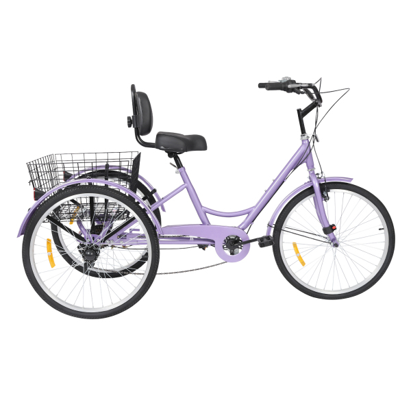 7 Speed ​​Adult Tricycle, 24 Inch Adult Tricycle, Adjustable Adult Tricycle with Basket - Purple