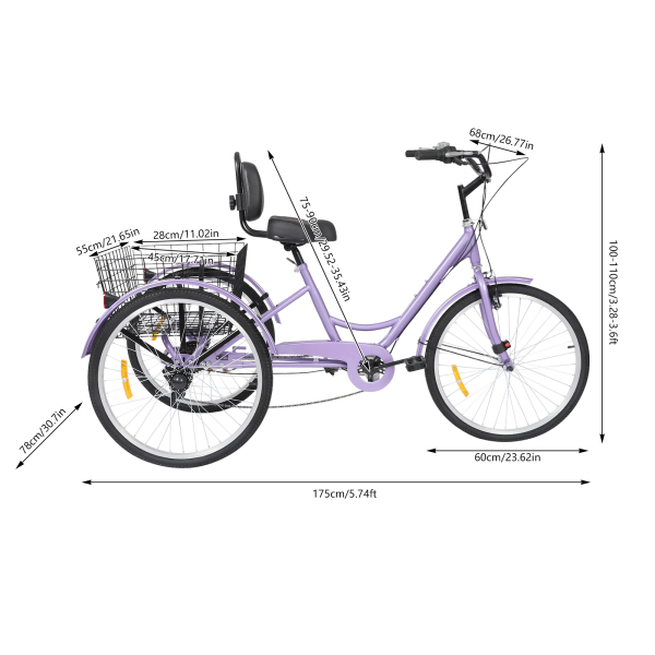 7 Speed ​​Adult Tricycle, 24 Inch Adult Tricycle, Adjustable Adult Tricycle with Basket - Purple