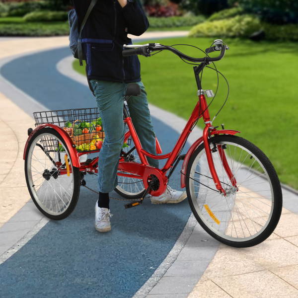 7 Speed Adult Tricycle, 24 Inch Adult Tricycle, Adjustable Adult Tricycle with Basket - Red 7 Speed Adult Tricycle, 24 Inch Adult Tricycle, Adjustable Adult Tricycle with Basket - Red