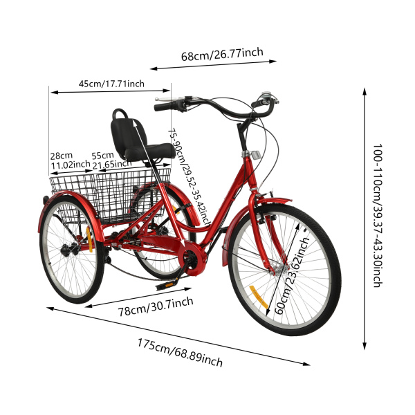 7 Speed ​​Adult Tricycle, 24 Inch Adult Tricycle, Adjustable Adult Tricycle with Basket - Red