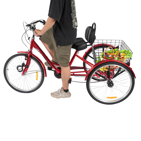 7 Speed ​​Adult Tricycle, 24 Inch Adult Tricycle, Adjustable Adult Tricycle with Basket - Red