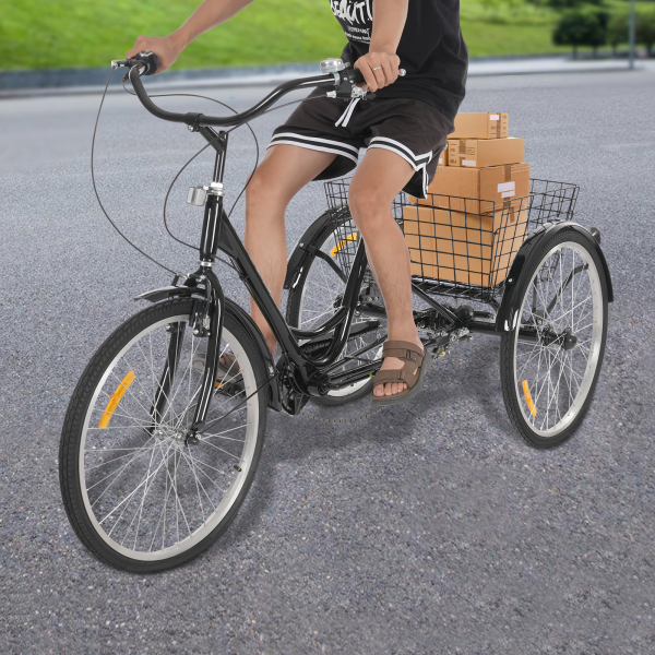 7 Speed ​​Adult Tricycle, 24 Inch Adult Tricycle, Adjustable Adult Tricycle with Basket - Black