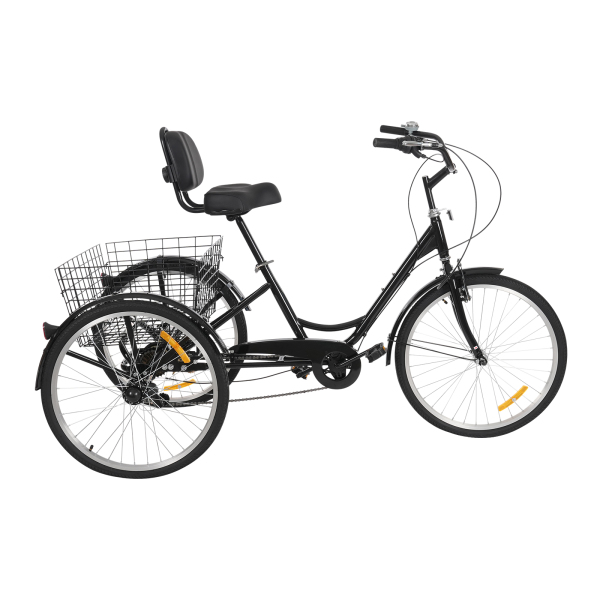7 Speed ​​Adult Tricycle, 24 Inch Adult Tricycle, Adjustable Adult Tricycle with Basket - Black