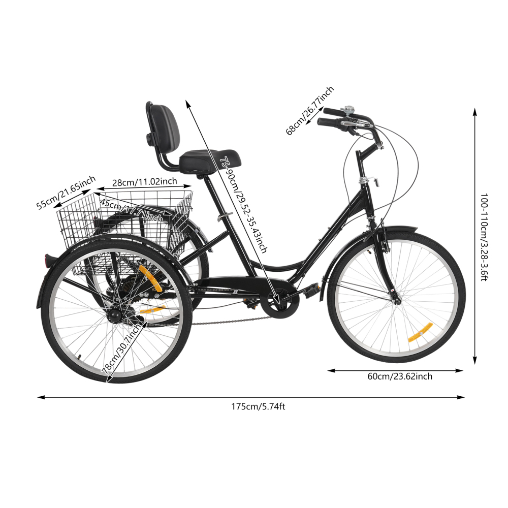 7 Speed ​​Adult Tricycle, 24 Inch Adult Tricycle, Adjustable Adult Tricycle with Basket - Black