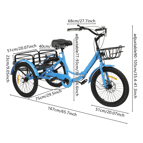 Foldable Tricycle for Adults, 20 Inch Foldable Tricycle, 7 Speed ​​3 Wheel Bicycle with Lock - Blue