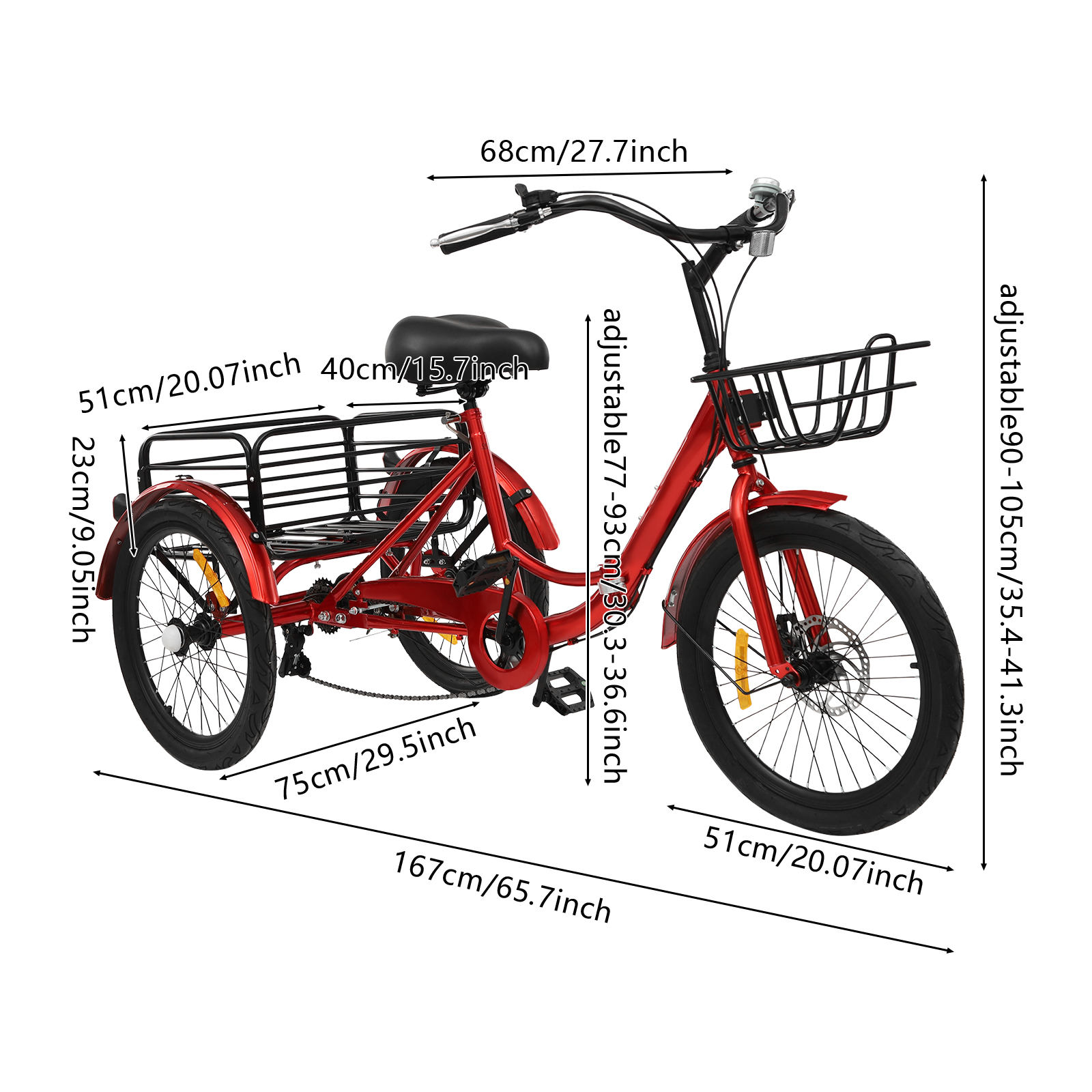 Foldable Tricycle for Adults, 20 Inch Foldable Tricycle, 7 Speed 3 Wheel Bicycle with Lock - Red Foldable Tricycle for Adults, 20 Inch Foldable Tricycle, 7 Speed 3 Wheel Bicycle with Lock - Red