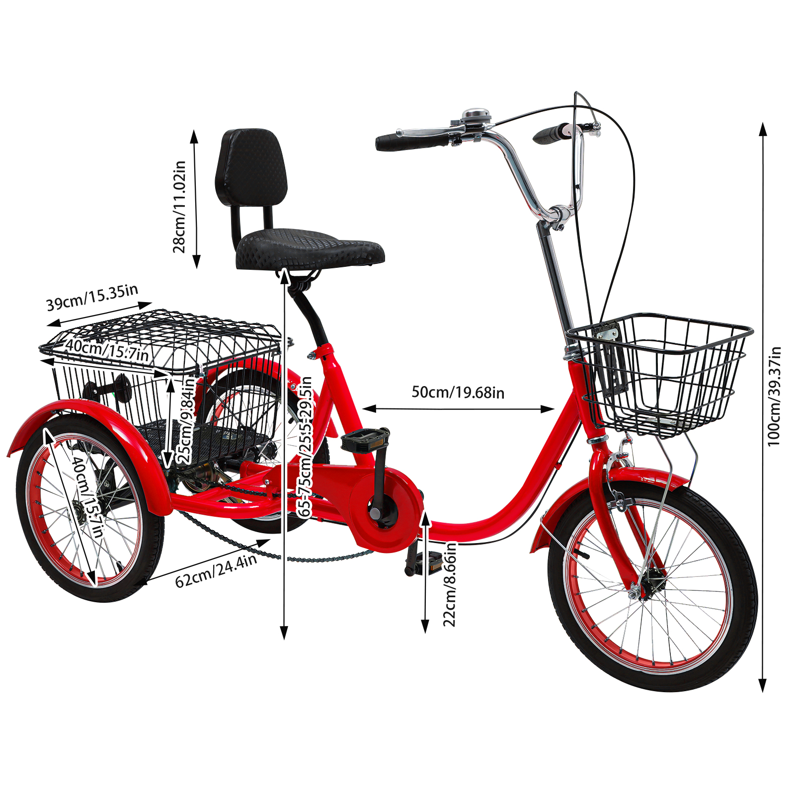 Tricycles for adults, 3-wheel bicycles with baskets, Adjustable height, Max total load capacity: 150kg, Red Tricycles for adults, 3-wheel bicycles with baskets, Adjustable height, Max total load capacity: 150kg, Red
