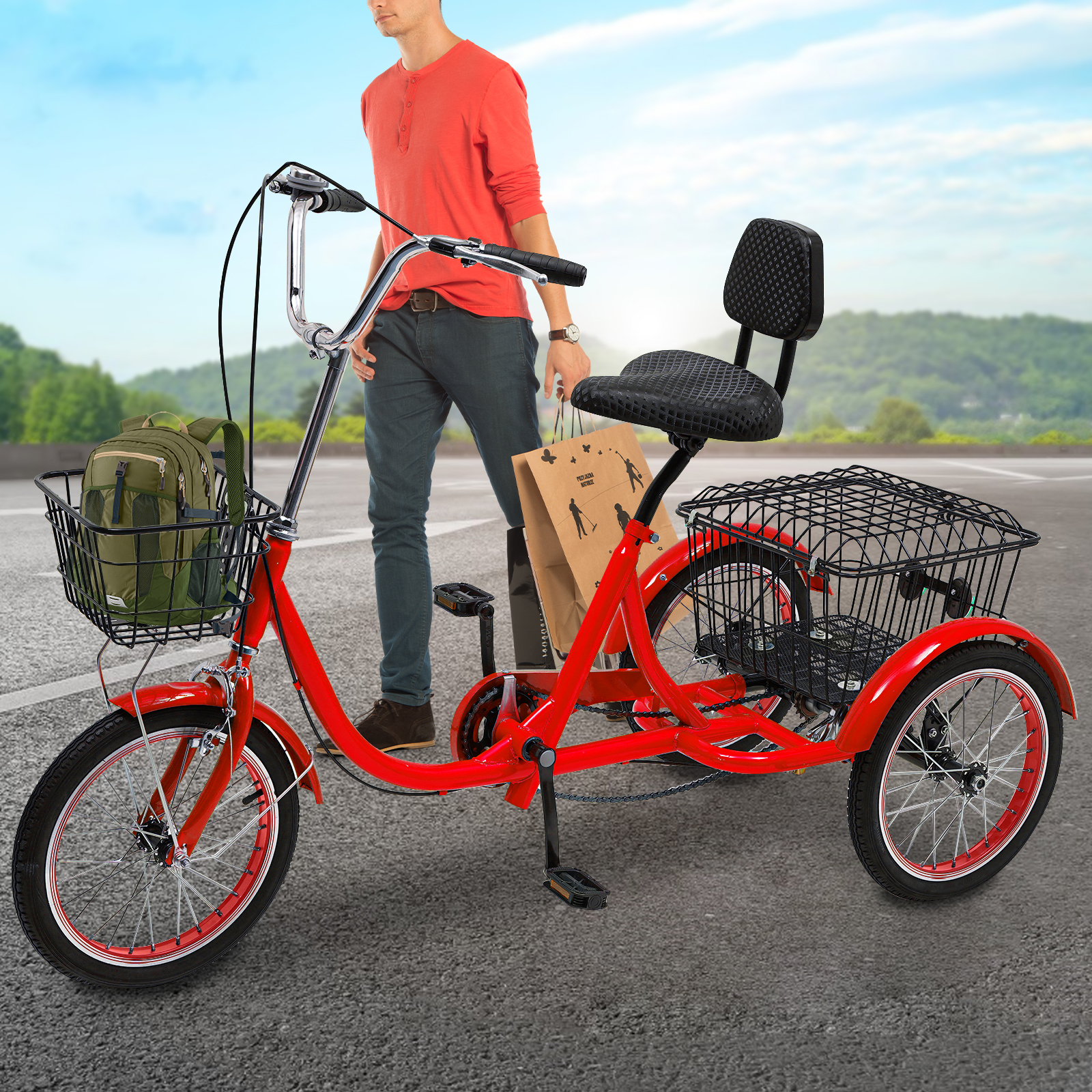 Tricycles for adults, 3-wheel bicycles with baskets, Adjustable height, Max total load capacity: 150kg, Red Tricycles for adults, 3-wheel bicycles with baskets, Adjustable height, Max total load capacity: 150kg, Red