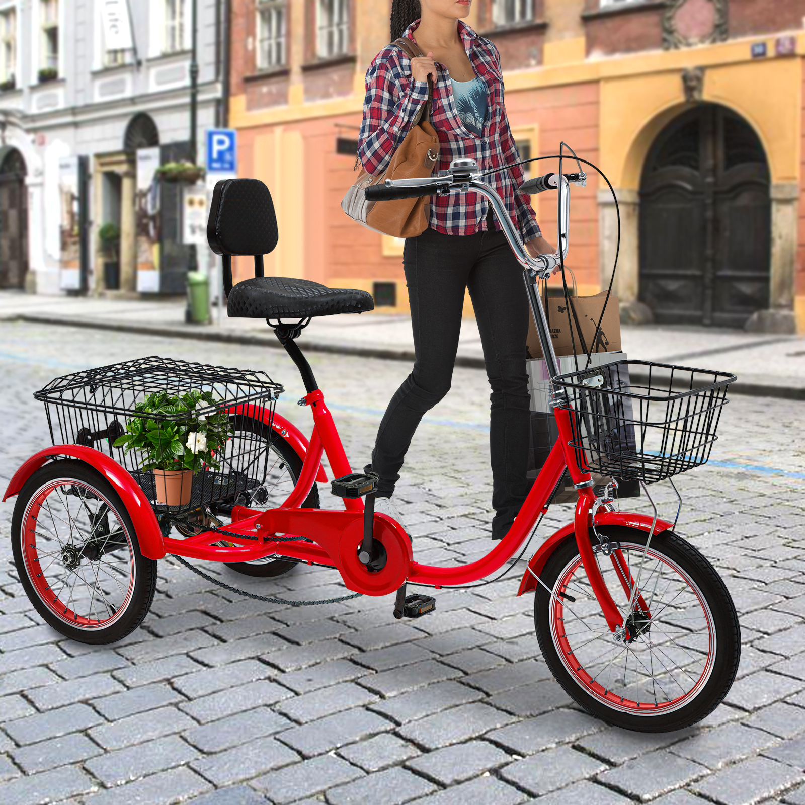 Tricycles for adults, 3-wheel bicycles with baskets, Adjustable height, Max total load capacity: 150kg, Red Tricycles for adults, 3-wheel bicycles with baskets, Adjustable height, Max total load capacity: 150kg, Red