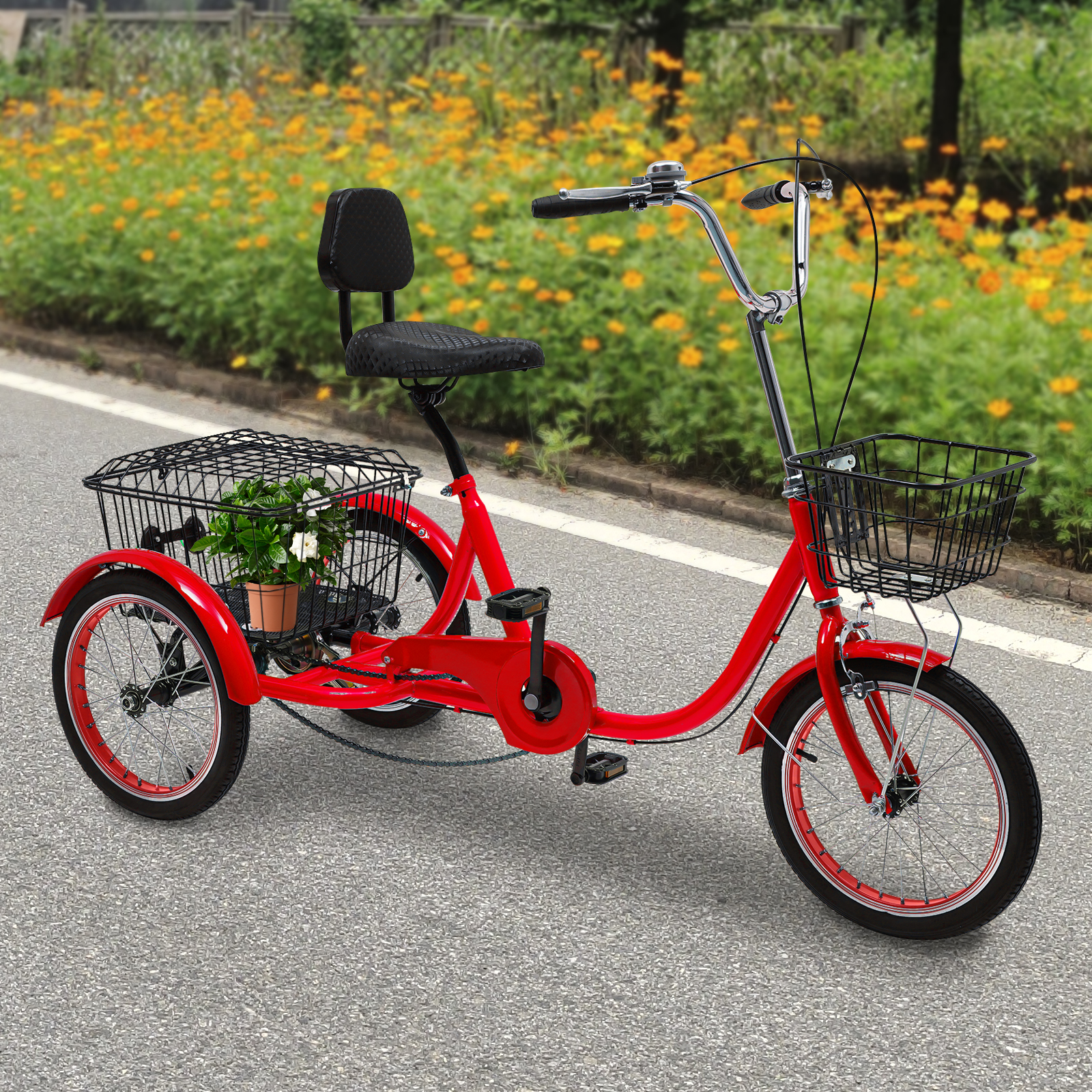 Tricycles for adults, 3-wheel bicycles with baskets, Adjustable height, Max total load capacity: 150kg, Red