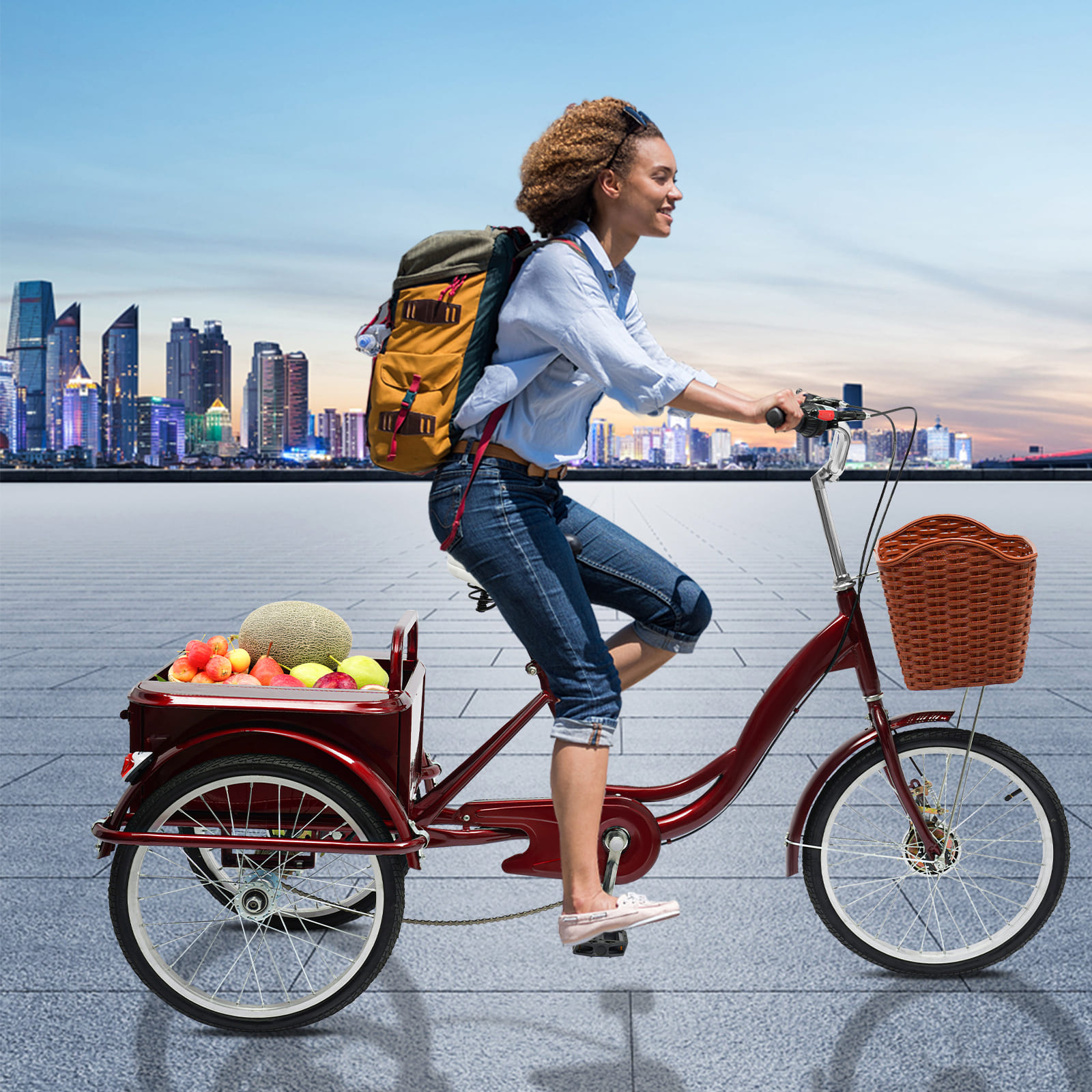 Adult Tricycle Basket, Senior Tricycle with Rear Cabin, Adjustable Pedal Tricycle(Wine Red)