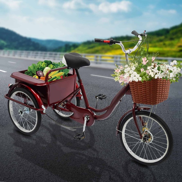 Adult Tricycle Basket, Senior Tricycle with Rear Cabin, Adjustable Pedal Tricycle(Red)