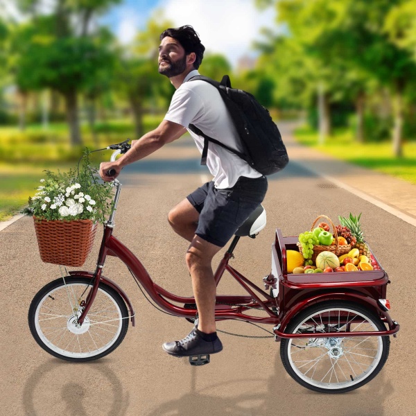 Adult Tricycle Basket, Senior Tricycle with Rear Cabin, Adjustable Pedal Tricycle(Red)