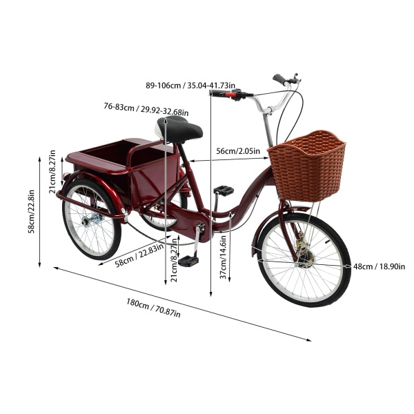 Adult Tricycle Basket, Senior Tricycle with Rear Cabin, Adjustable Pedal Tricycle(Red) Adult Tricycle Basket, Senior Tricycle with Rear Cabin, Adjustable Pedal Tricycle(Red)