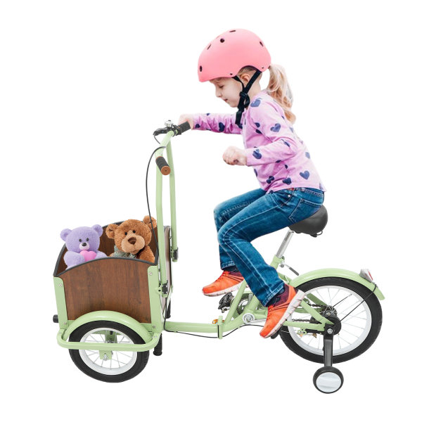 120x52cm Tricycle with Training Wheels, Children's Tricycle, Foldable Tricycle With Basket - Green+Brown