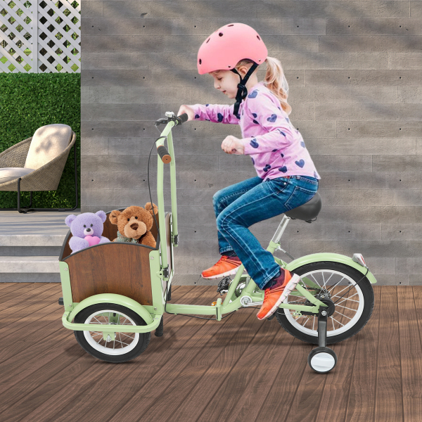 120x52cm Tricycle with Training Wheels, Children's Tricycle, Foldable Tricycle With Basket - Green+Brown