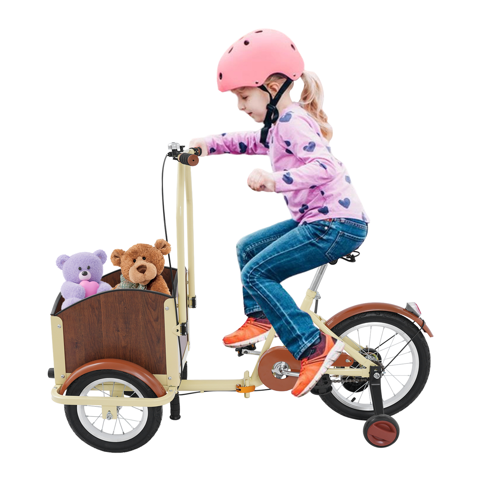 120x52cm Tricycle with Training Wheels, Children's Tricycle, Foldable Tricycle With Basket - Beige+Brown
