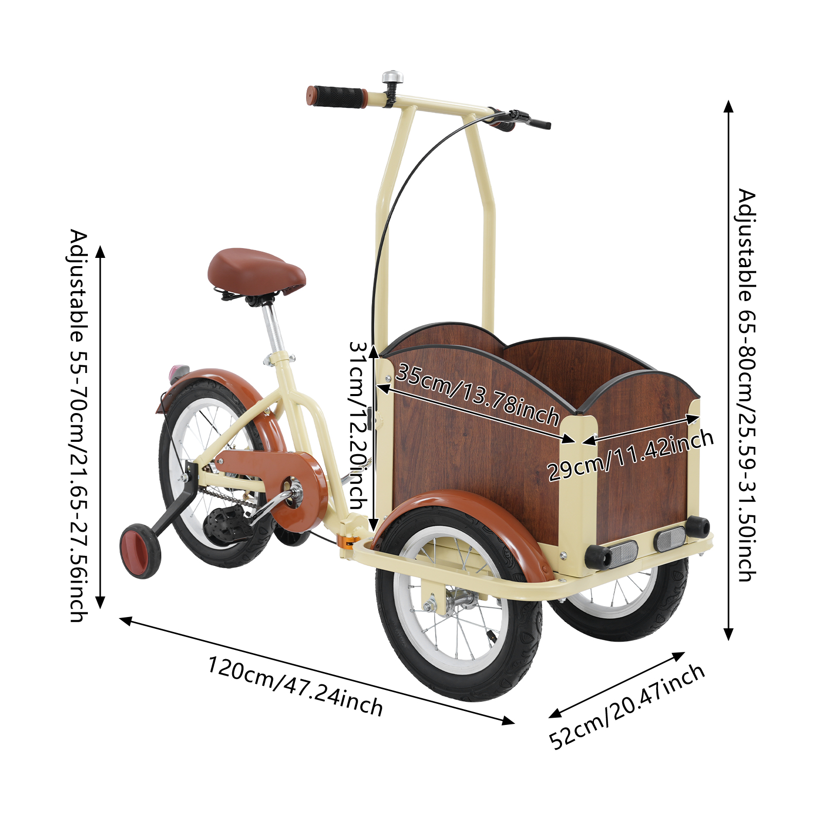 120x52cm Tricycle with Training Wheels, Children's Tricycle, Foldable Tricycle With Basket - Beige+Brown 120x52cm Tricycle with Training Wheels, Children's Tricycle, Foldable Tricycle With Basket - Beige+Brown