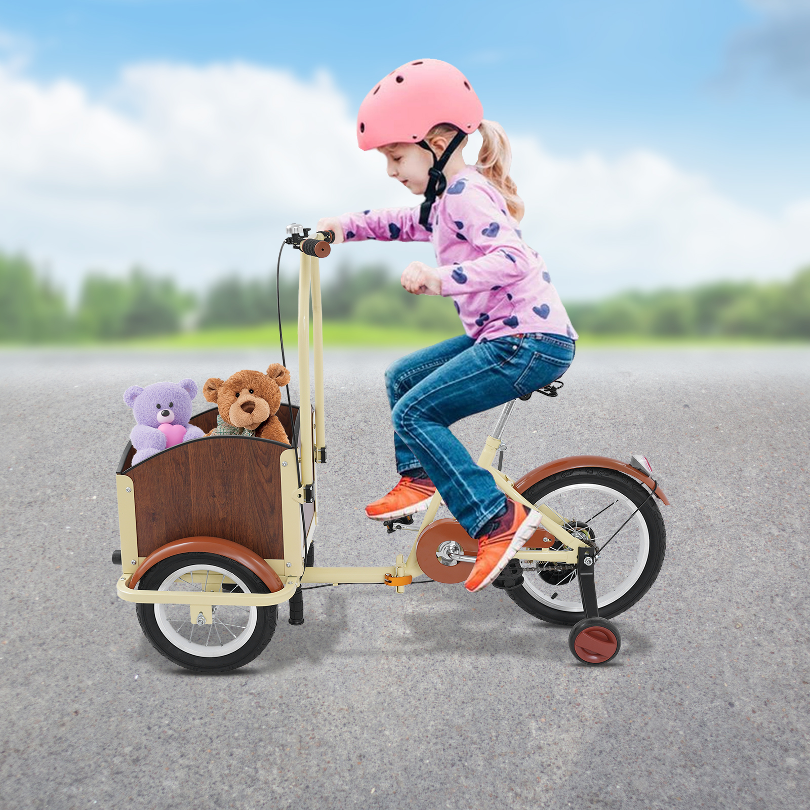 120x52cm Tricycle with Training Wheels, Children's Tricycle, Foldable Tricycle With Basket - Beige+Brown 120x52cm Tricycle with Training Wheels, Children's Tricycle, Foldable Tricycle With Basket - Beige+Brown