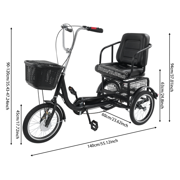 Adult Tricycle, 3 Wheel Bikes for Seniors, Tricycle with Comfortable Seat - Single Seat Black