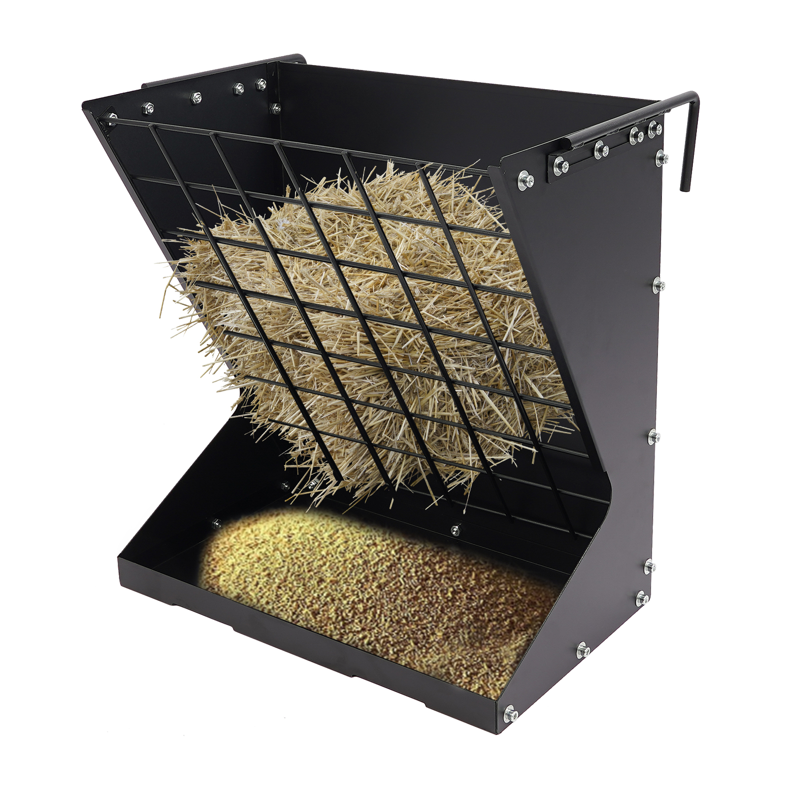 Large Hay Rack for Sheep and Goats, Hay Rack, 2 in 1 Hay & Grain /Feeder for Goats, Horses, Sheep, Rabbits, Cows - Black