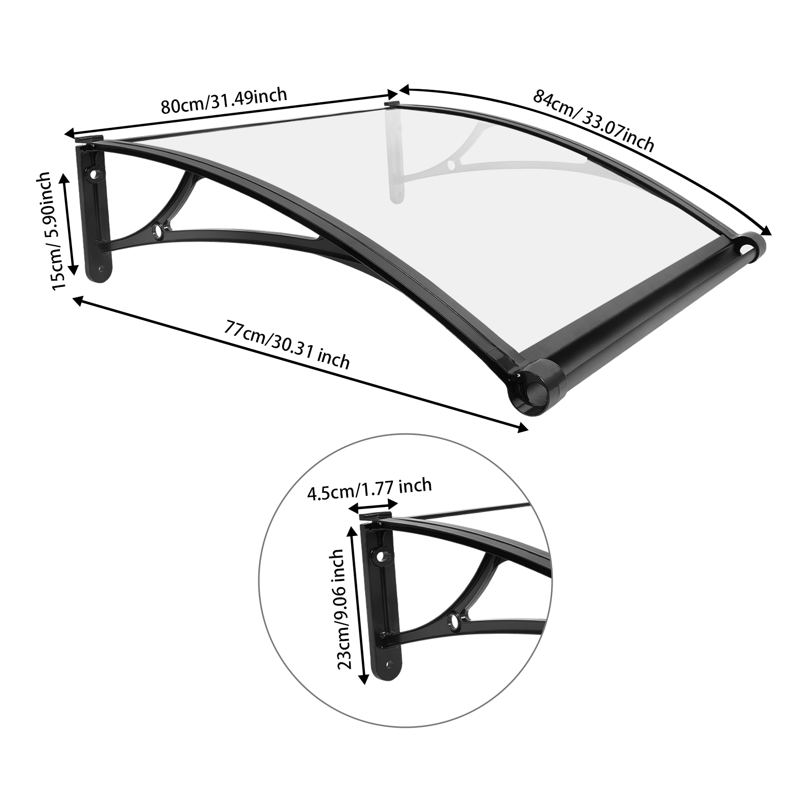 80×80cm Window Door Awning, Exterior Window Awning, Large Sink Window Awning - Black Bracket + Transparent Shed 80×80cm Window Door Awning, Exterior Window Awning, Large Sink Window Awning - Black Bracket + Transparent Shed