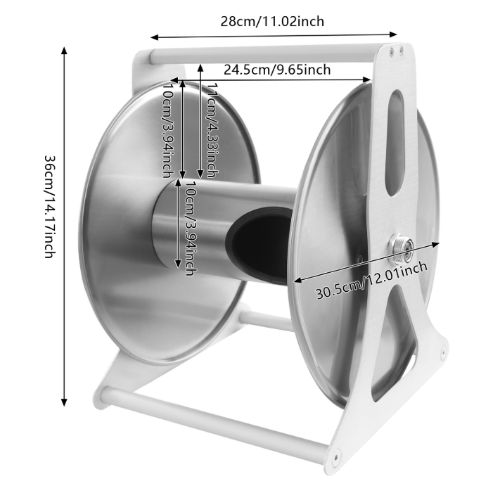 Stainless steel hose trolley, wall mounted/floor mounted hose reel, medium, 30.5 x 28 x 36 cm Stainless steel hose trolley, wall mounted/floor mounted hose reel, medium, 30.5 x 28 x 36 cm