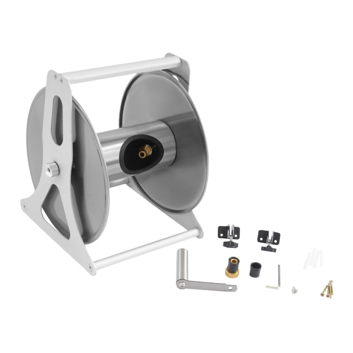Stainless steel hose trolley, wall mounted/floor mounted hose reel, medium, 30.5 x 28 x 36 cm Stainless steel hose trolley, wall mounted/floor mounted hose reel, medium, 30.5 x 28 x 36 cm