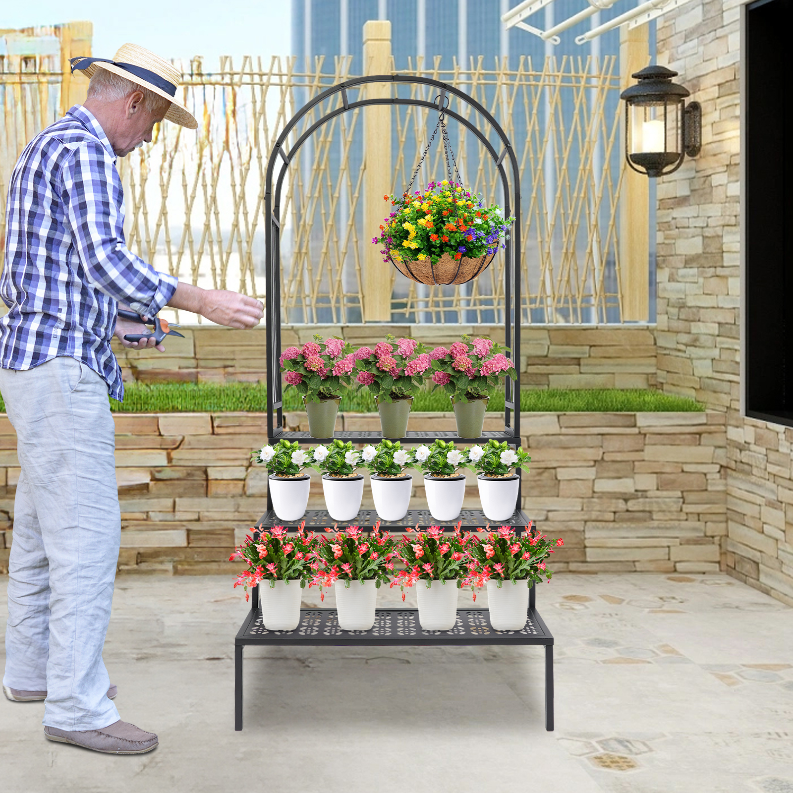 70X60X165cm 3 Tier Plant Stand with Garden Arch, Flower Pot Holder Display Shelf, Garden Arbor for Climbing Plants