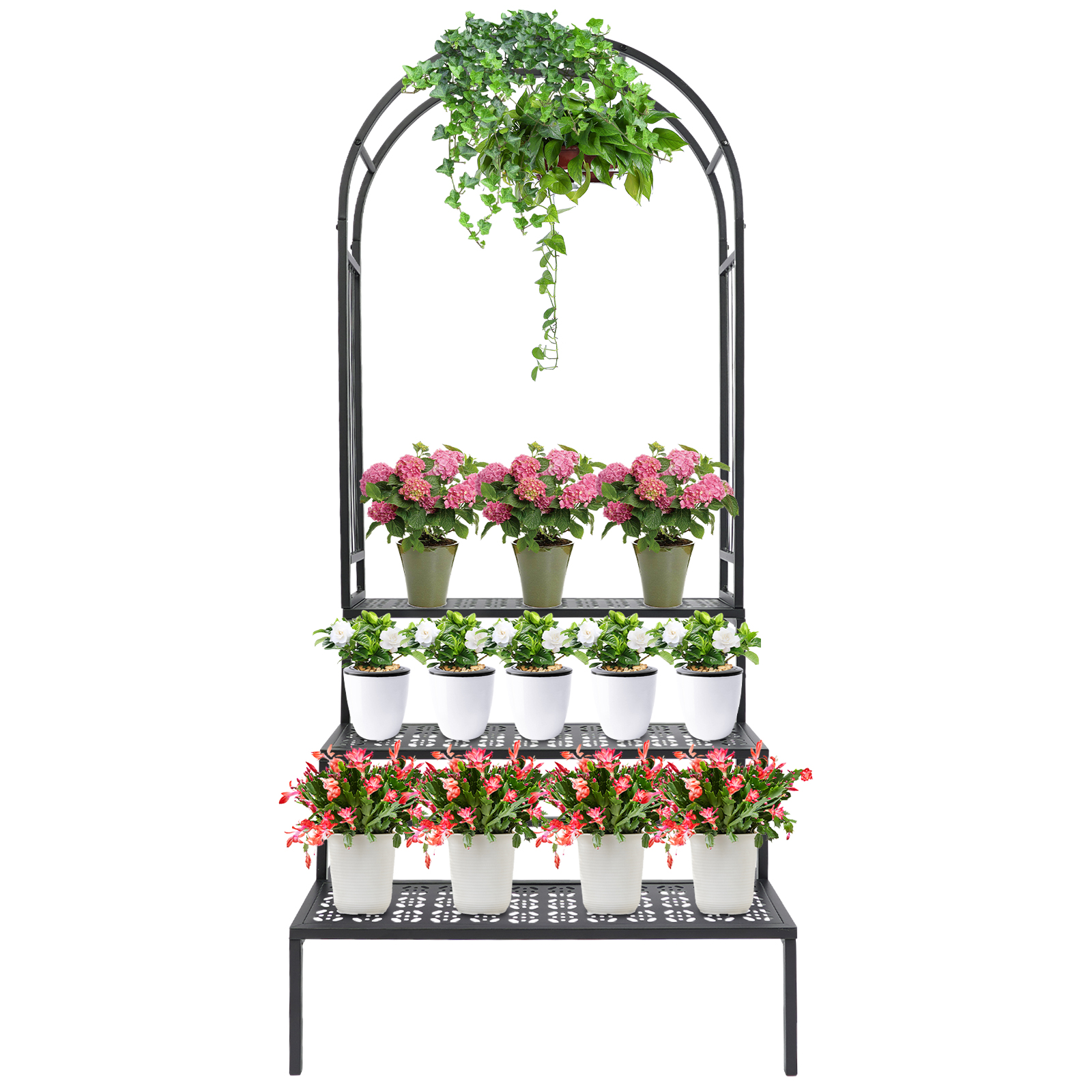 70X60X165cm 3 Tier Plant Stand with Garden Arch, Flower Pot Holder Display Shelf, Garden Arbor for Climbing Plants