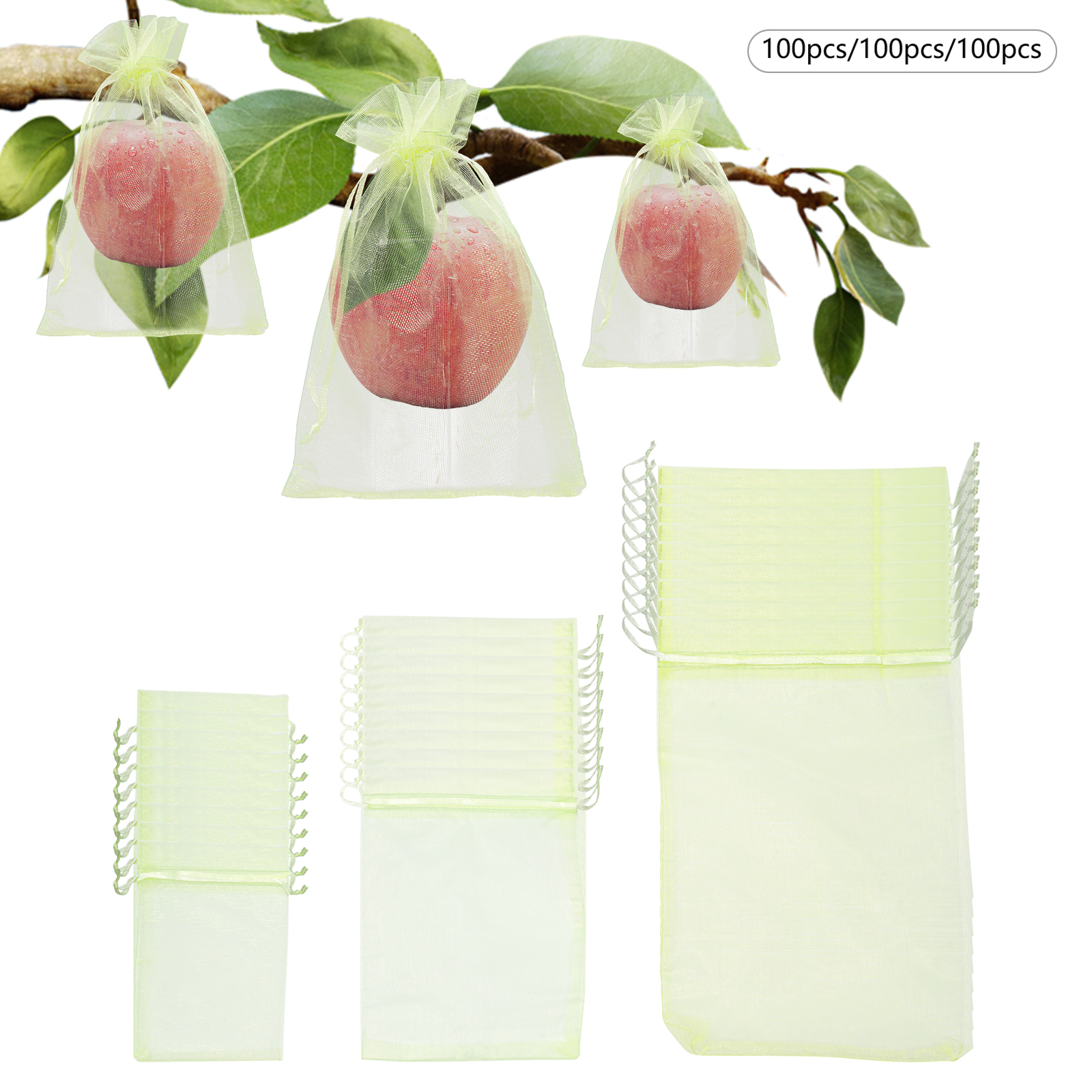 300 pcs., Fruit protection bags, Drawstring garden net bags, Fruit net bags, Green