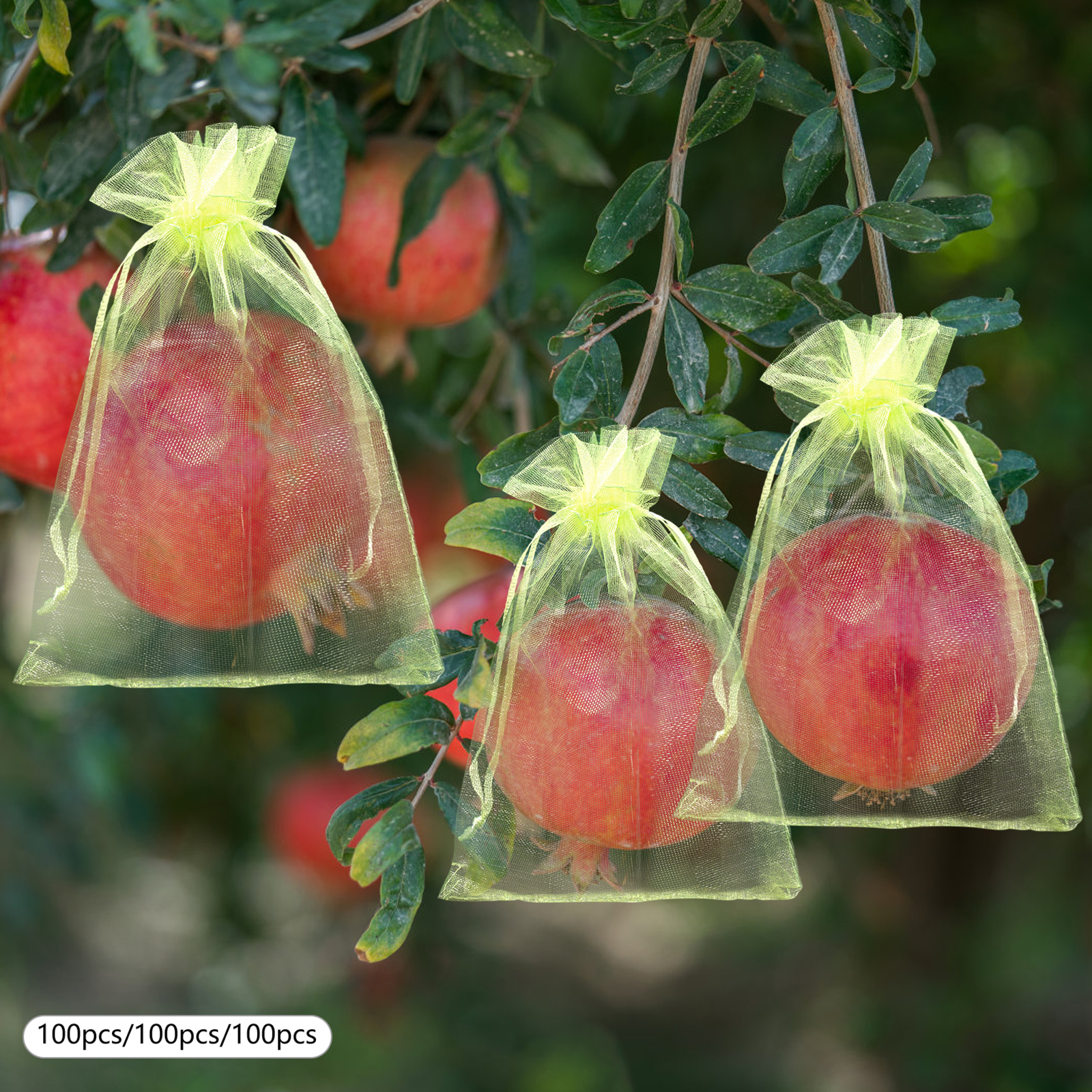 300 pcs., Fruit protection bags, Drawstring garden net bags, Fruit net bags, Green