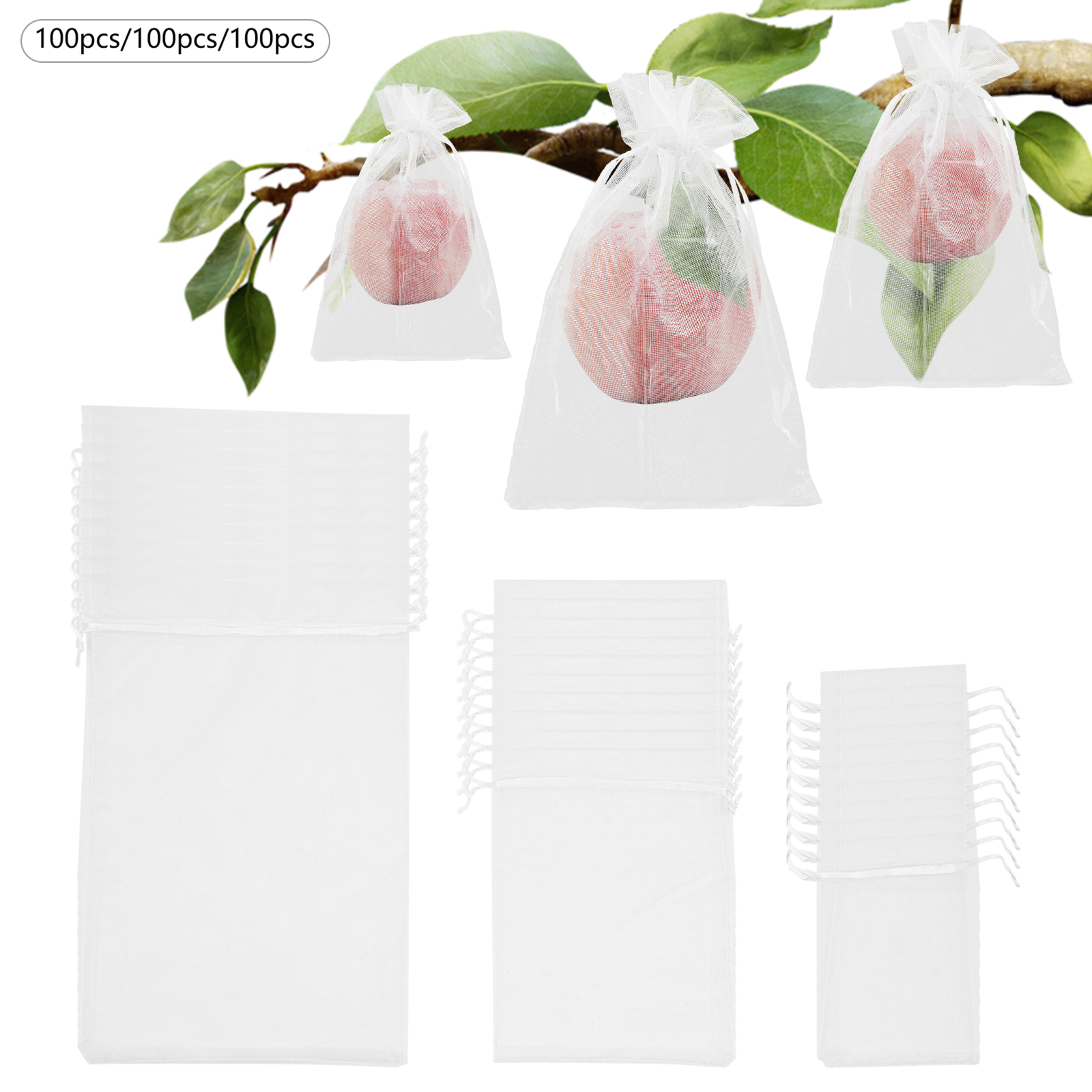 300 pcs., Fruit protection bags, Drawstring garden net bags, Fruit net bags, White