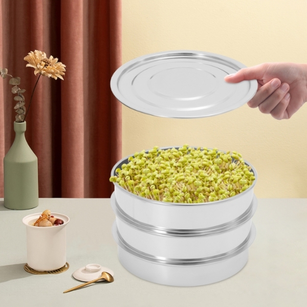 Stainless Steel Seed Sprouting Kit Stackable Seed Sprouter Tray 3 Tier Seed Sprouting Tray Round Sprout Maker with Encrypted Mesh Sprouts Grower for Beans Broccoli Sprout