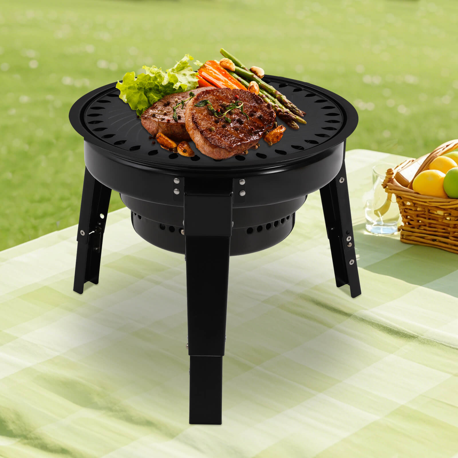 Foldable 3-Legged Portable Charcoal Grill with Grill Net & Pan - Portable Charcoal Grills, BBQ Grill Barrel, Portable Barbecue Grill