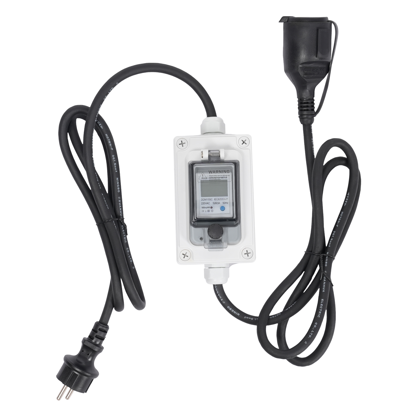 16A HRDQ-01 H07RN-F 3*1.5mm² Mobile Digital Electricity Meter, Portable Digital LED Electricity Meter, Digital LED Display Meter
