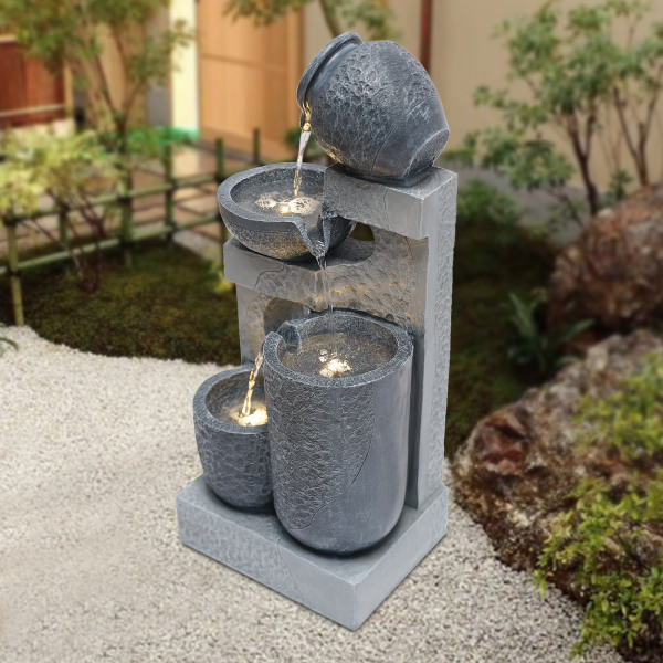 24 "h Garden Fountains Outdoor Clear Led Lights And Pumps - Indoor Modern Cascade Floor Mounted Fountains For Gardens Entrances Decks Patios