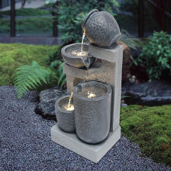 24 "h Garden Fountains Outdoor Clear Led Lights And Pumps - Indoor Modern Cascade Floor Mounted Fountains For Gardens Entrances Decks Patios