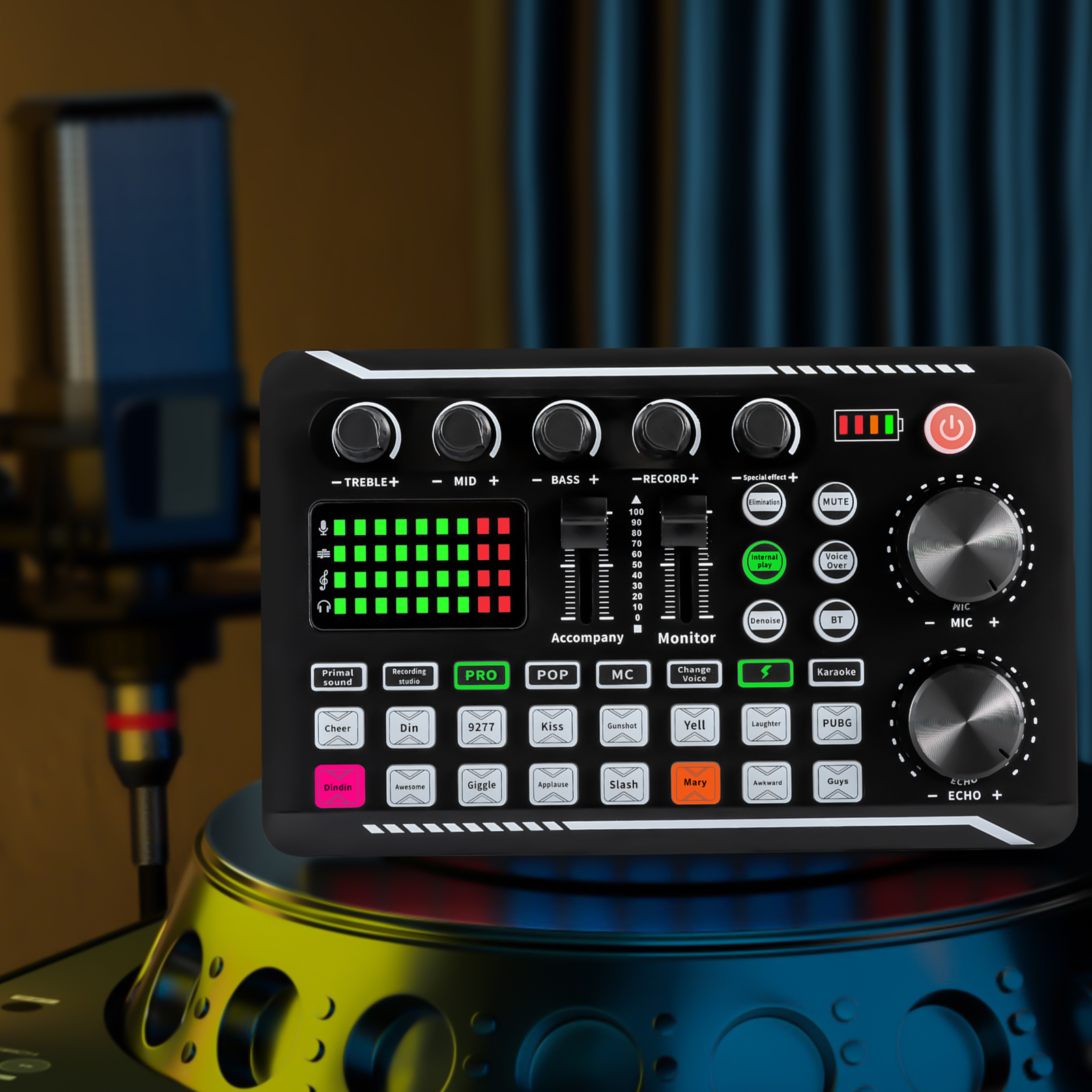 Sound mixer effect board, Bluetooth compatible sound card with multiple sound effects and LED lights