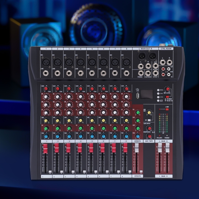 Portable 8 Channel Mixer DJ Mixer Three Band Equalizer with Bluetooth USB for KTV Karaoke Party 8-channel Microphone Input Black