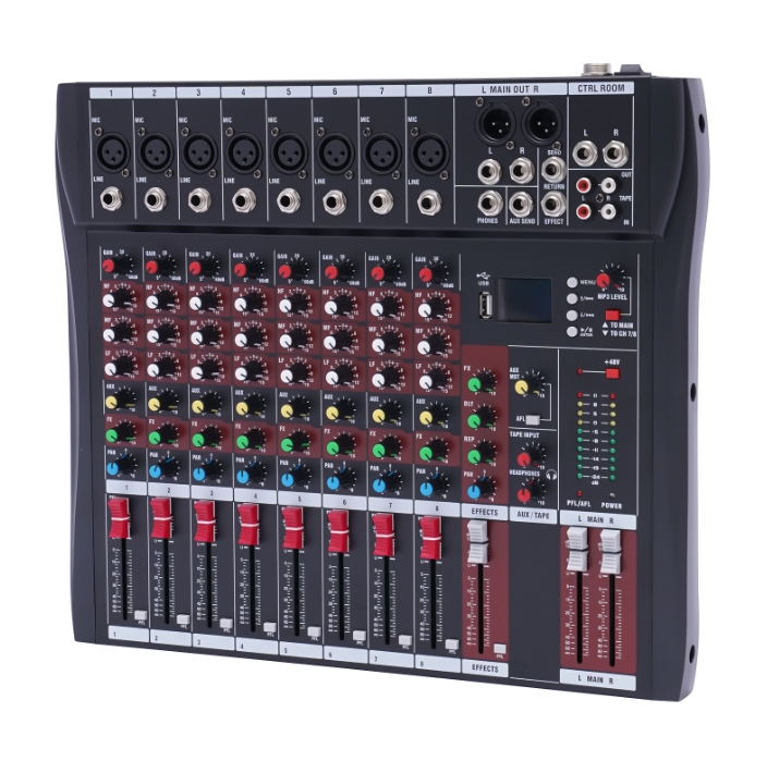 Portable 8 Channel Mixer DJ Mixer Three Band Equalizer with Bluetooth USB for KTV Karaoke Party 8-channel Microphone Input Black