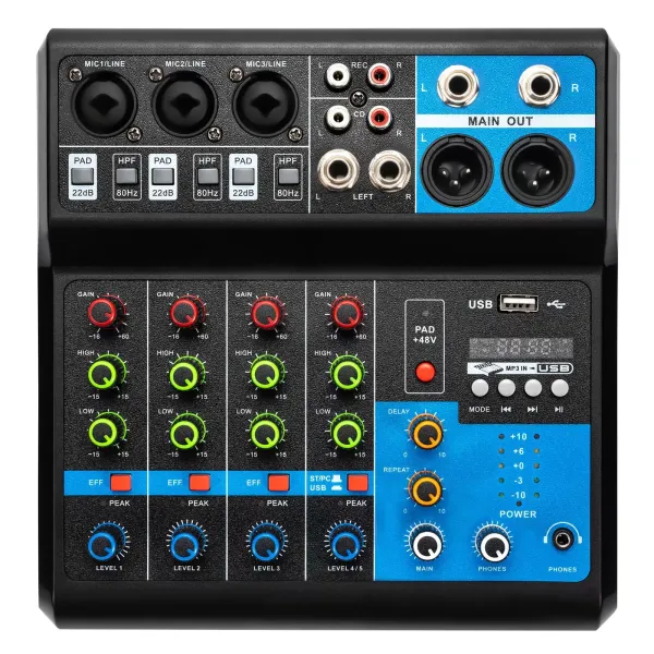 Mini DJ Audio Mixer Sound Card Console System, 5 Channel 48V Phantom Power with Bluetooth USB MP3