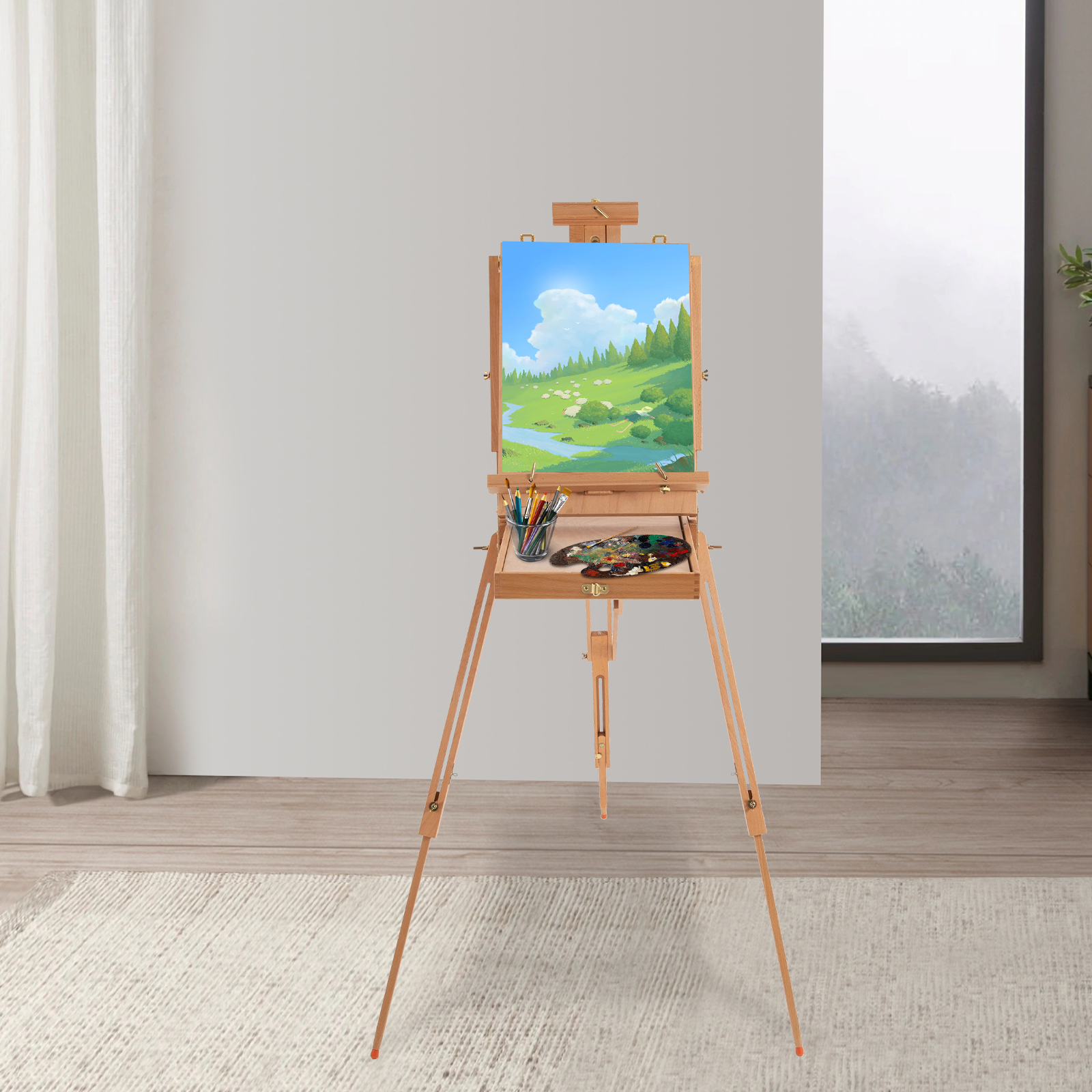 French Style Wooden Easel with Folding Legs Drawer and Palette Tray Easel for Drawing and Display Portable Artist Easel Box Burlywood