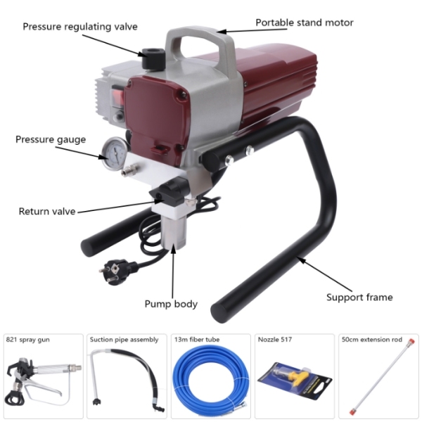 1800W 220V Airless Paint Sprayer with Adjustable Spray Pressure and Hose for Wall Ceiling Wood Adjustable Spray Pressure Red
